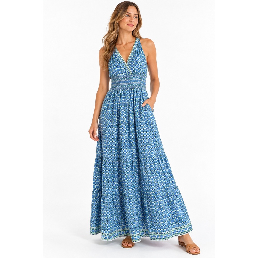 Max Studio London Blue Green Floral Smocked V Neck Maxi Dress M